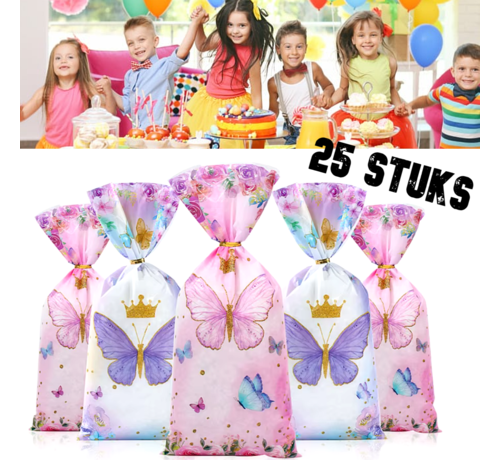 Allernieuwste.nl® 25 Stuks Uitdeelzakjes Vlinder - 2 Designs - Paars & Roze - Feestelijke Traktatiezakjes - 12.5 x 27.2 cm ##