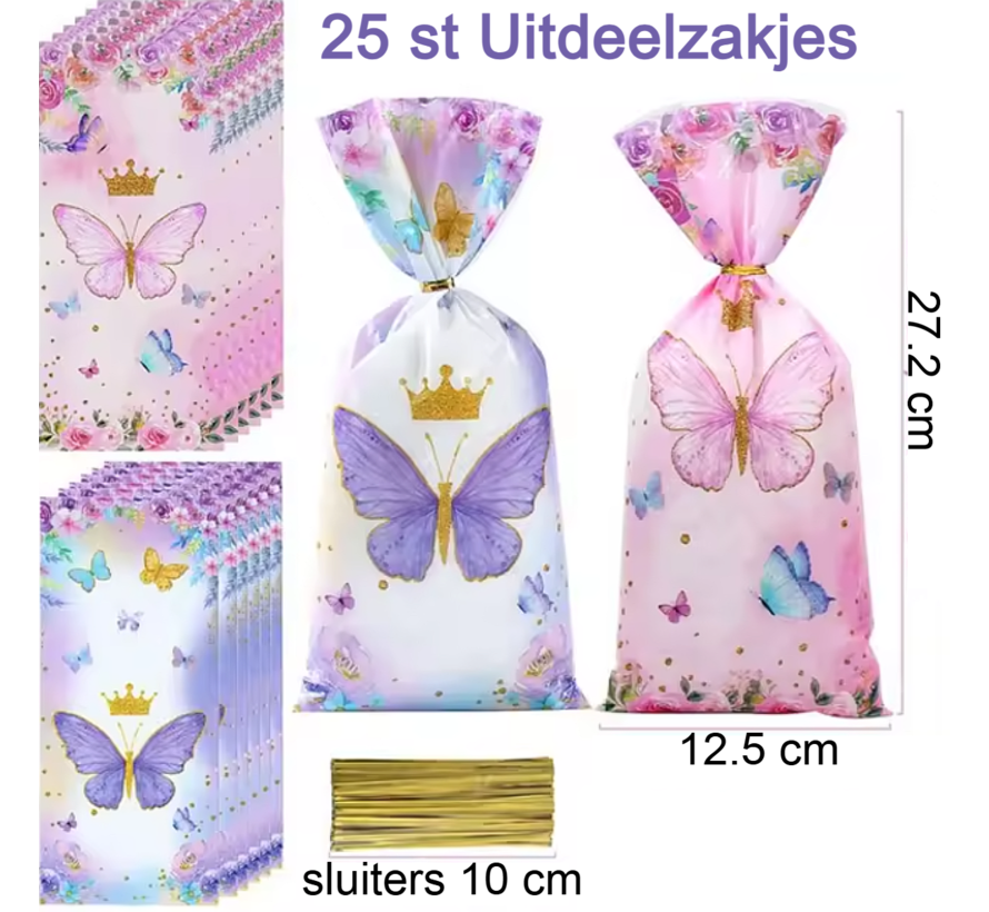 25 Stuks Uitdeelzakjes Vlinder - 2 Designs - Paars & Roze - Feestelijke Traktatiezakjes - 12.5 x 27.2 cm ##