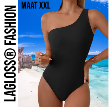 LaGloss Badpak Asymmetrisch Effen Zwart - Maat XXL