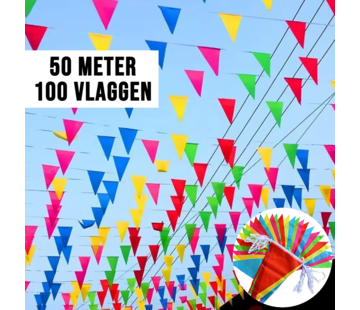 Allernieuwste.nl® 50 Meter Veelkleurige Vlaggenlijn Driehoekige Nylon Stoffen Slinger 100 Vlaggen
