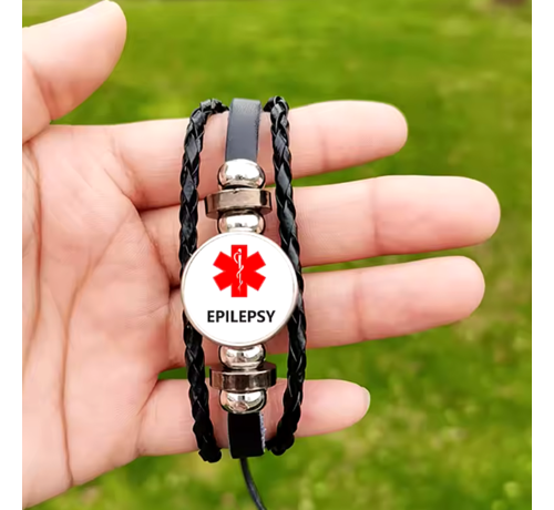 LaGloss LaGloss® Epilepsie Alert Armband - Unisex Zwart Leer - Verstelbare Medische Armband