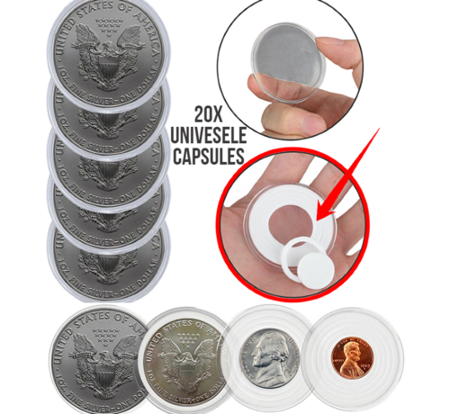 Allernieuwste.nl® 20 stuks Universele MUNTcapsules Ø 46mm tot Ø 19mm met Zachte BINNENRING - Transparant Glashelder - Munthouders voor gouden en zilveren munten, penningen, tokens - 19-46mm