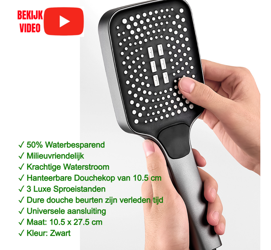 Allernieuwste.nl® Luxe Douchekop Regendouche 3 Sproeistanden en 166 Sproeiers Spa Wellness Handdouche Zwart %%
