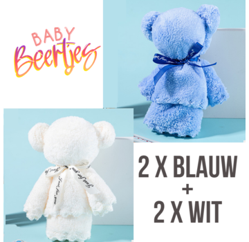 Allernieuwste.nl® SET VAN 4 STUKS BABY BEERTJES Spuugdoekjes BLAUW/WIT - Monddoekjes - Zachte Coral Fleece katoen Baby Hand Doekjes - 30 x 30 cm - Kraam Cadeau - Set 2x BLAUW en 2x WIT