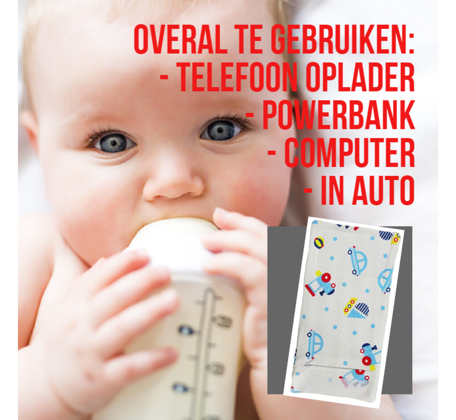 Allernieuwste USB Baby Fles Warmer model Blauwe Auto's - Heater - Reisaccessoire - Draagbaar - Klittenband - Kleur