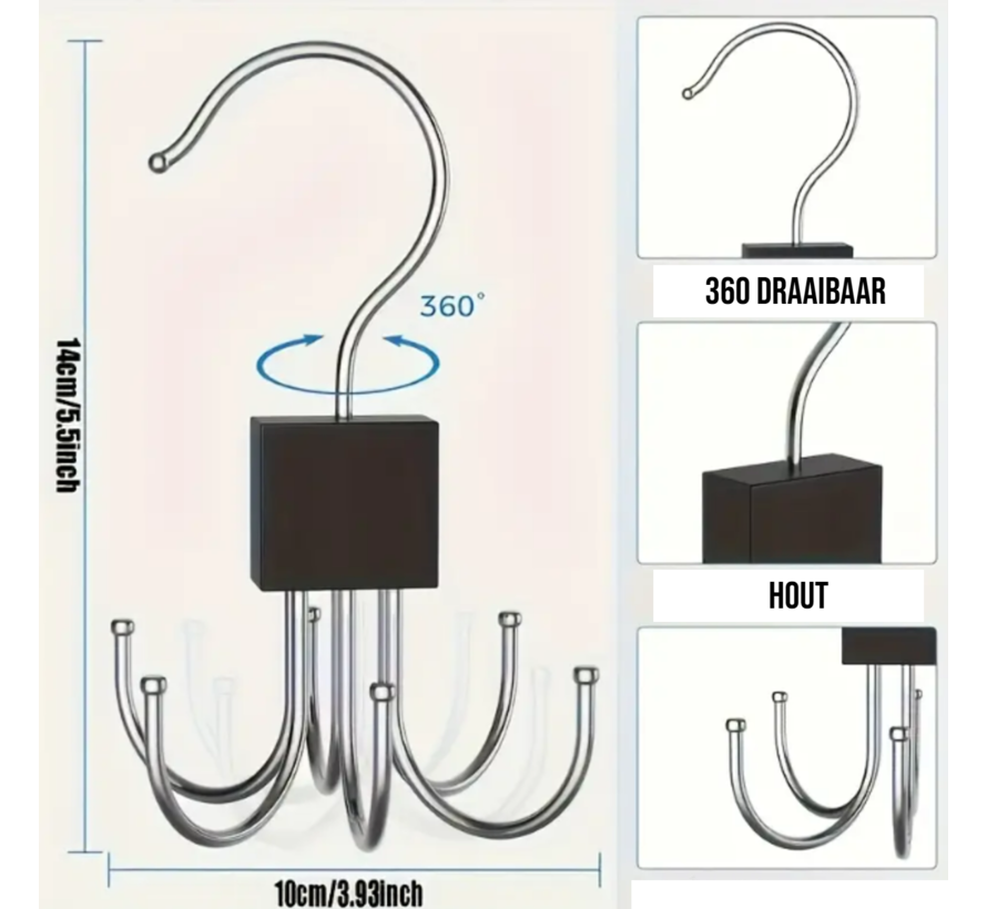 Multifunctionele Draaibare Accessoire Hanger BRUIN – 6 Haaks Organizer Tassen & Riemen - 10x14cm