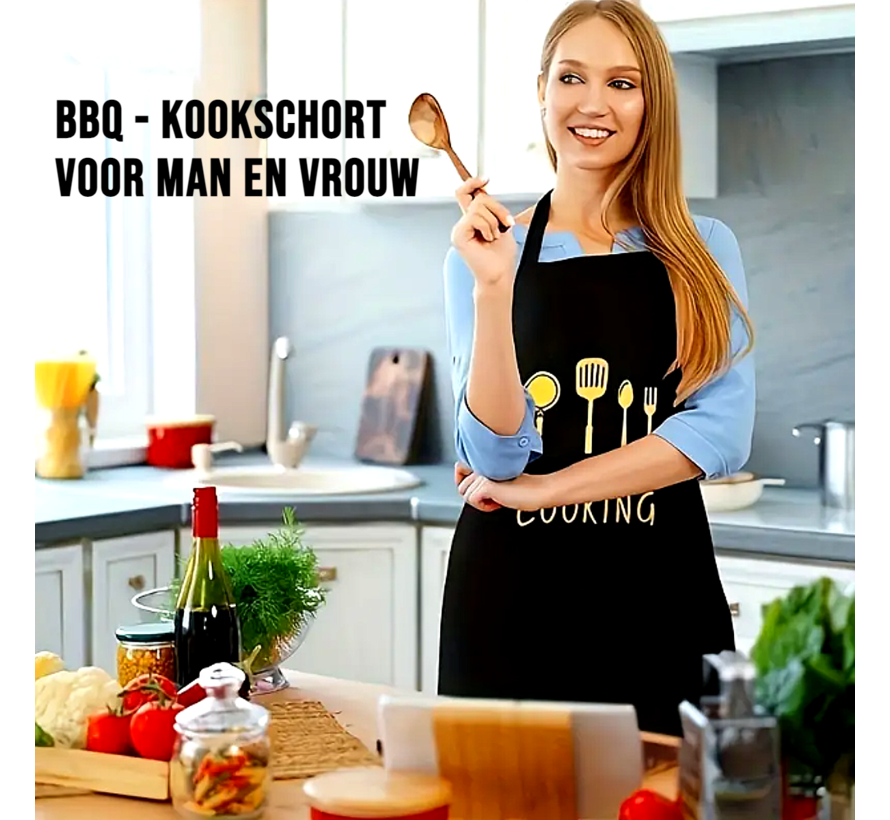 SET 2 STUKS Keukenschorten Waterdicht en Oliebestendig Kookschort Keukenschort voor Volwassenen COOKING - Mix 1x Zwart + 1x Creme - 98 x 58 cm %%
