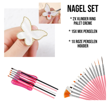 Allernieuwste.nl® 2 Stuks Palet Vlinder Ring Crème + 15 Mix Penselen & Penseelhouder