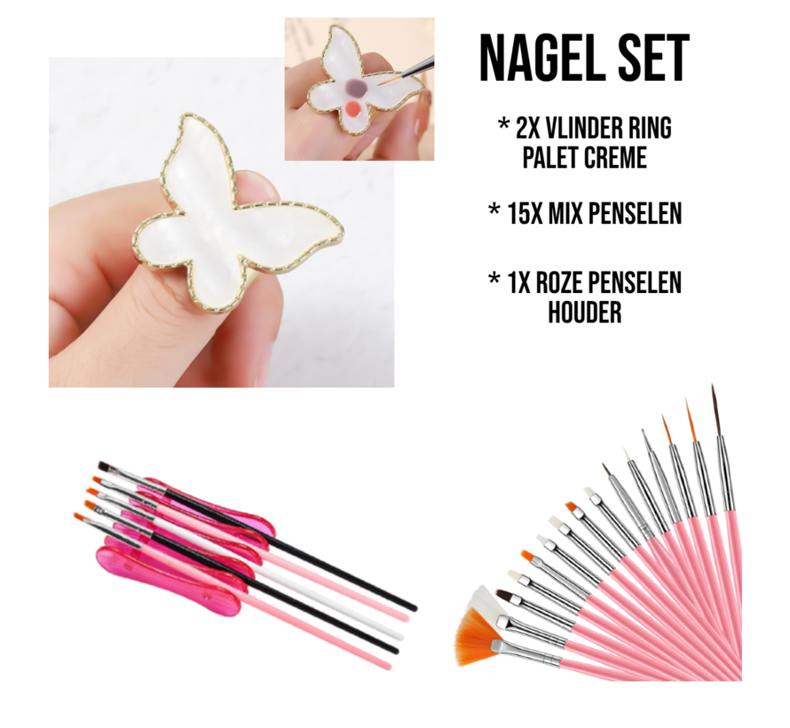 2 Stuks Palet Vlinder Ring Crème + 15 Mix Penselen & Penseelhouder – Compleet Nailartset