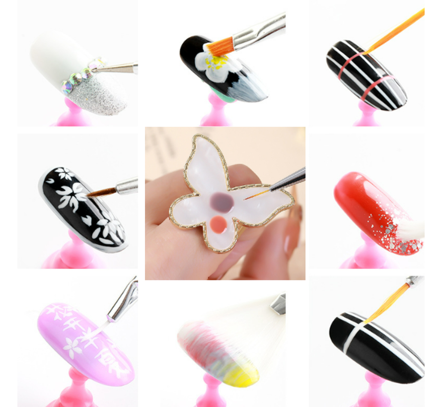 2 Stuks Palet Vlinder Ring Roze + 15 Mix Penselen & Penseelhouder – Compleet Nailartset