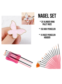 Allernieuwste.nl® 2 Stuks Palet Vlinder Ring Roze + 15 Mix Penselen & Penseelhouder