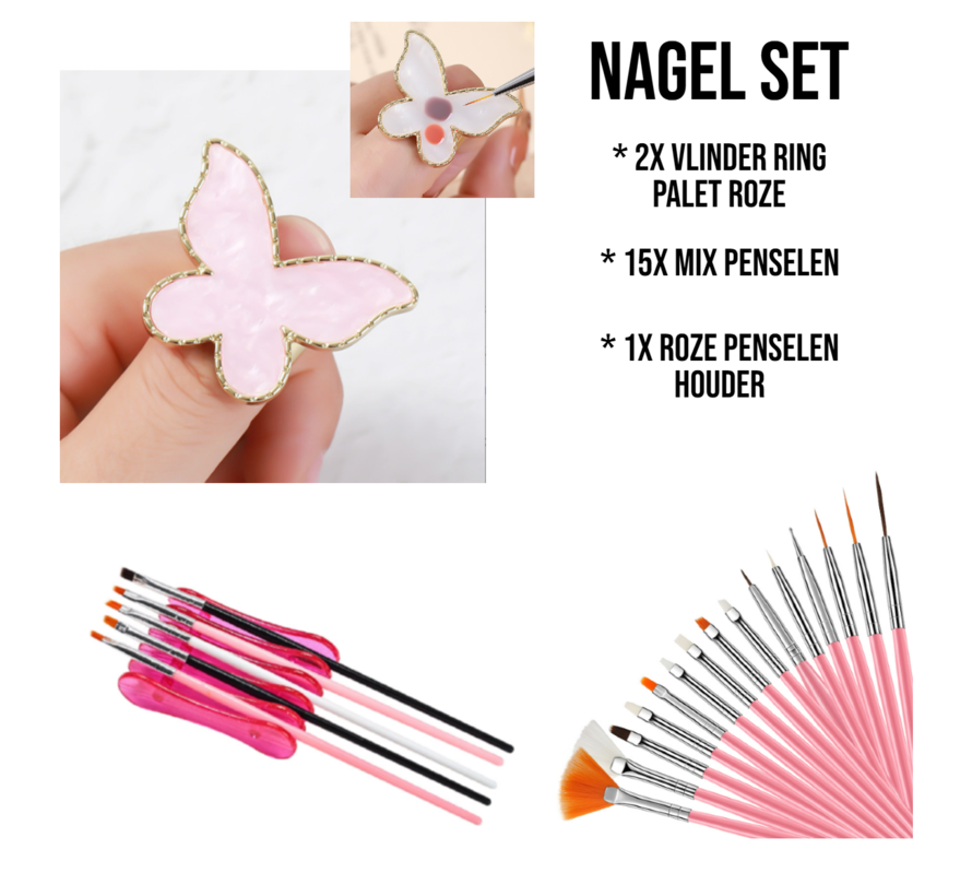 2 Stuks Palet Vlinder Ring Roze + 15 Mix Penselen & Penseelhouder – Compleet Nailartset