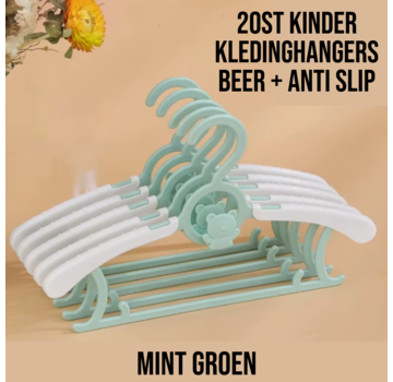 Allernieuwste.nl® 20 Stuks Kinder Kledinghangers ANTI SLIP - BEER - MINT GROEN