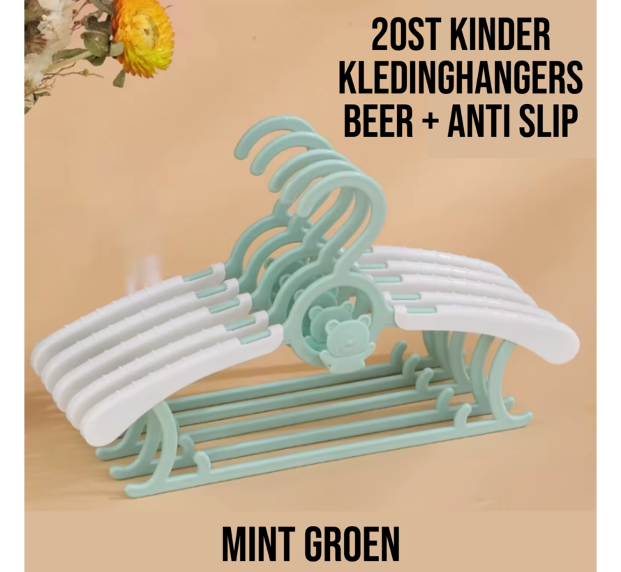 20 Stuks Kinder Kledinghangers – Beer Design & Anti-Slip – Mint Groen / Unisex Baby & Kinderkledinghangers