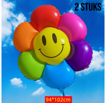 Allernieuwste.nl® 2 STUKS XL Regenboog Smiley Bloem Ballon – Folieballon 102 x 94 cm