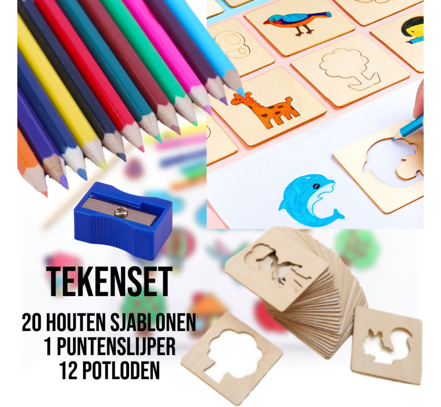 Houten Sjablonen Set voor Kinderen – Inclusief 12 Kleurpotloden & 1 Puntenslijper – Creatieve Kunstset