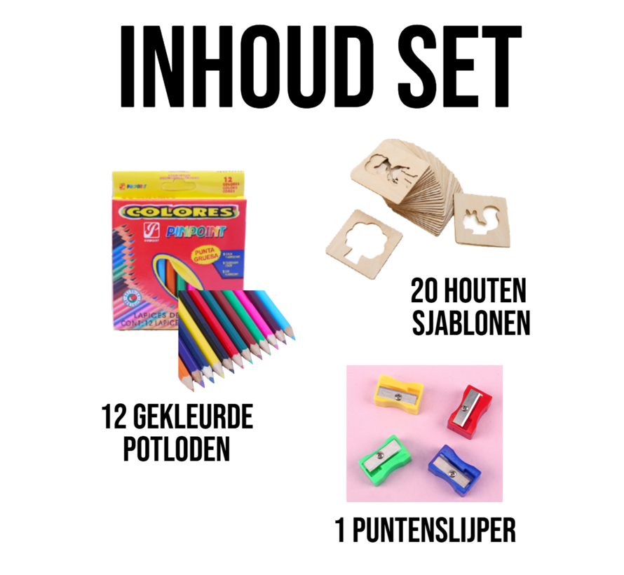 Houten Sjablonen Set voor Kinderen – Inclusief 12 Kleurpotloden & 1 Puntenslijper – Creatieve Kunstset