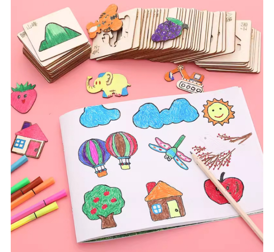 Houten Sjablonen Set voor Kinderen – Inclusief 12 Kleurpotloden & 1 Puntenslijper – Creatieve Kunstset