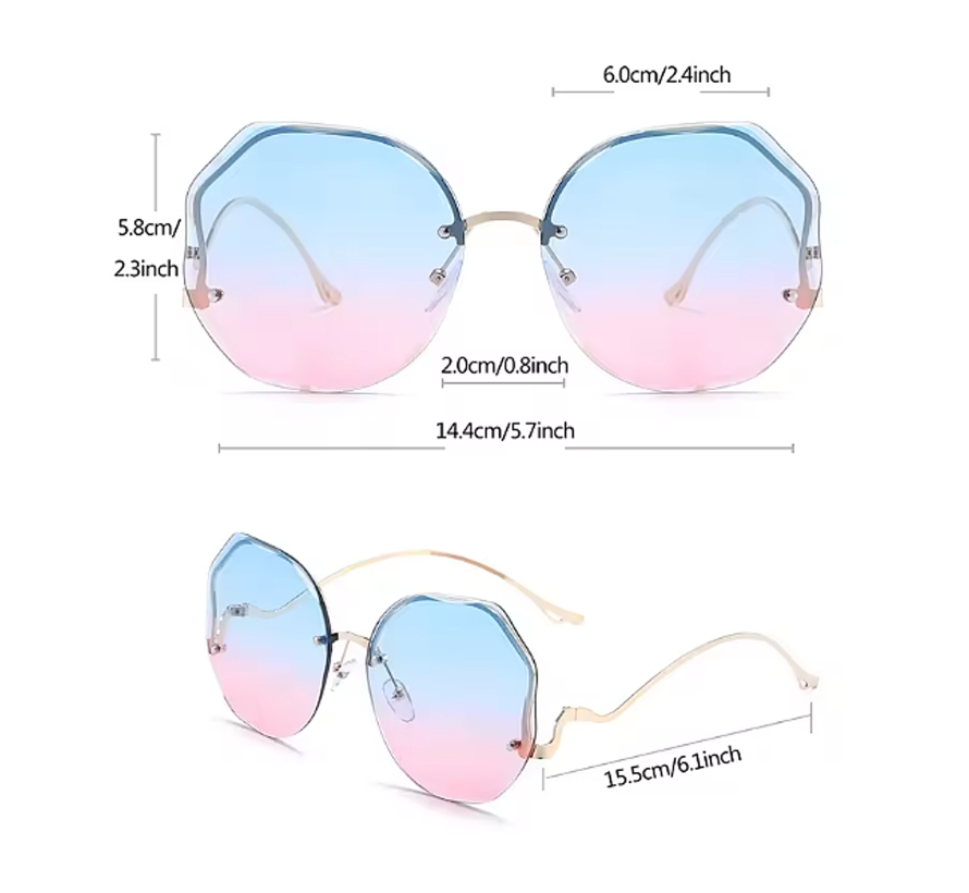 Lagloss® Randloze Gradiënt Dames Zonnebril – Trend Hexagon Vorm in Gradiënt Blauw Rose – UV400 Modebril