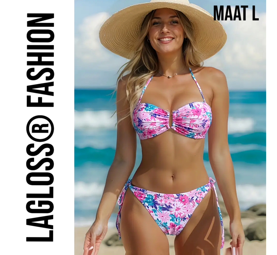 LaGloss® 2-Delige Bikini Set Roze Bloemenprint Maat L - Stijlvolle & Comfortabele Badmode