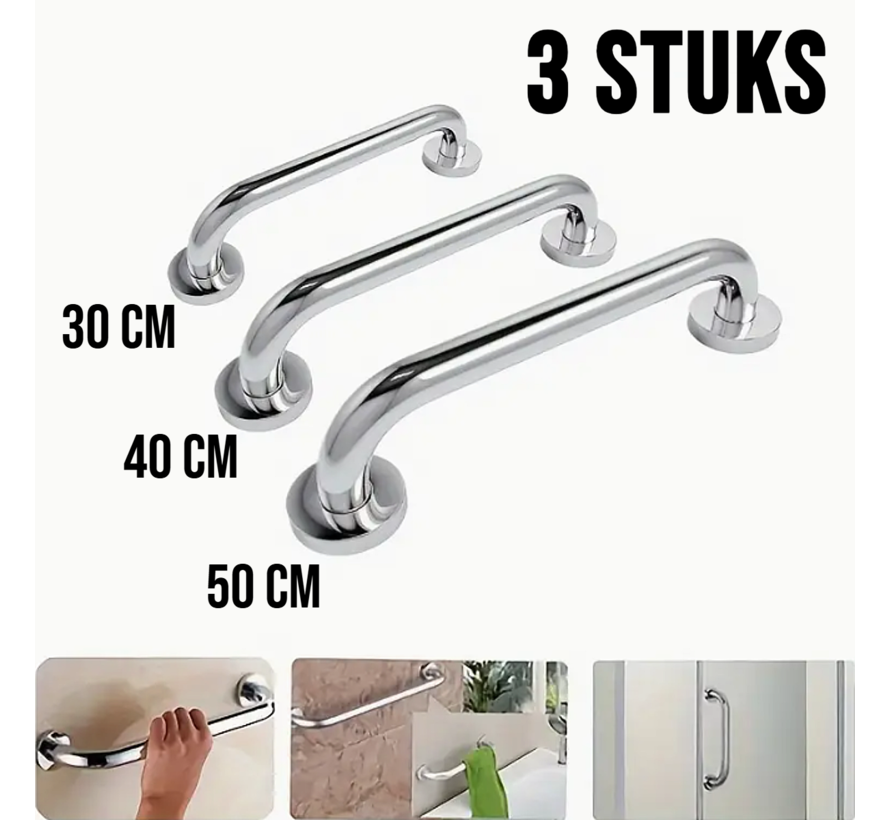 Allernieuwste.nl® 3 Stuks RVS Handgrepen – Wandbeugels voor Senioren & Ouderen (30, 40, 50 cm, Zilver) – Douche & Badkuip Greep Set