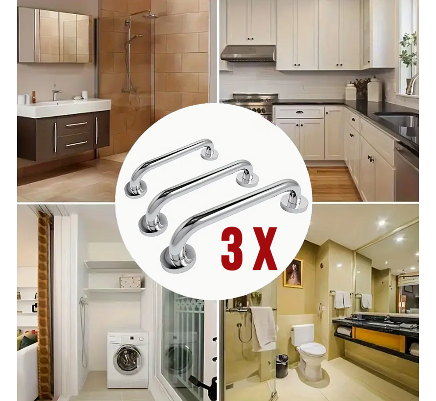 Allernieuwste.nl® 3 Stuks RVS Handgrepen – Wandbeugels voor Senioren & Ouderen (30, 40, 50 cm, Zilver) – Douche & Badkuip Greep Set