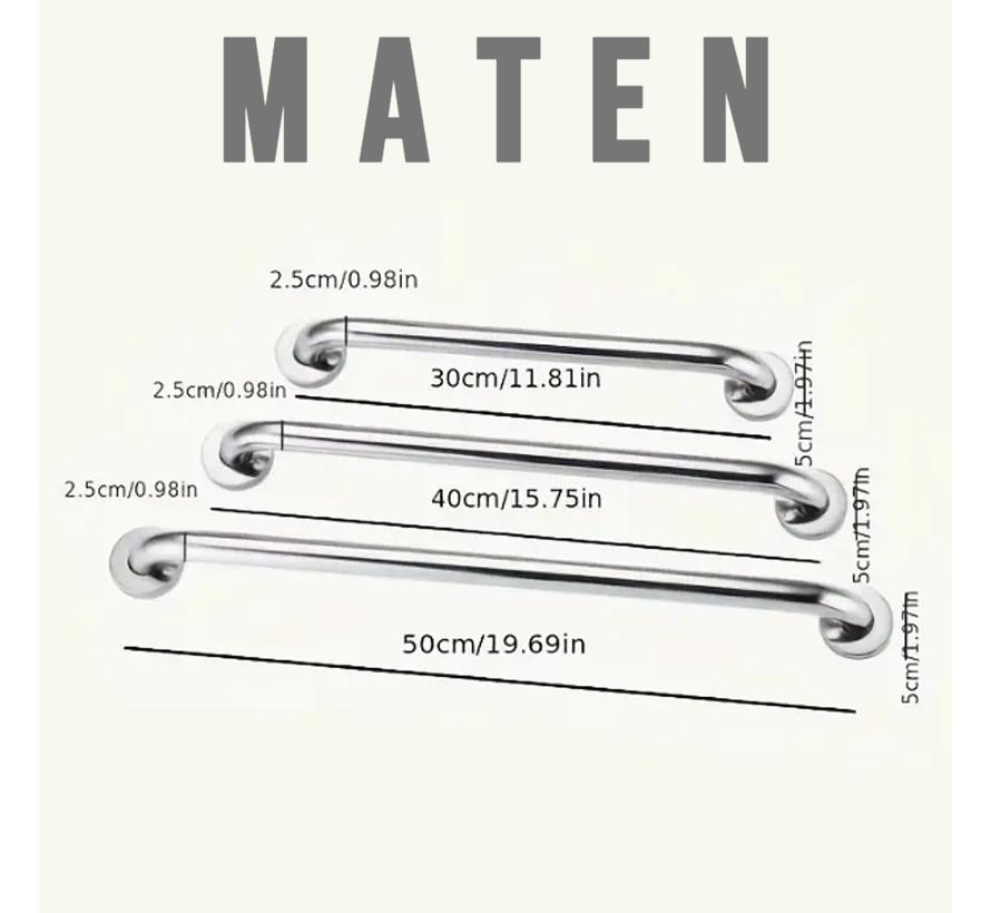 Allernieuwste.nl® 3 Stuks RVS Handgrepen – Wandbeugels voor Senioren & Ouderen (30, 40, 50 cm, Zilver) – Douche & Badkuip Greep Set