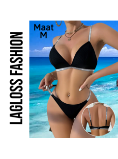LaGloss 2-Delige Bikini Set Zwart met Zilveren Bandjes en Accenten – Maat M
