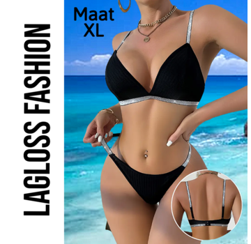 LaGloss 2-Delige Bikini Set Zwart met Zilveren Bandjes en Accenten – Maat XL