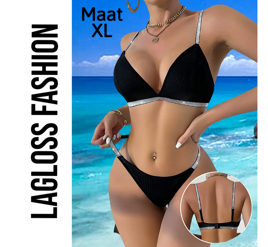 LaGloss® 2-Delige Bikini Set Zwart met Zilveren Bandjes en Accenten – Maat XL - Luxe & Trendy Badmode voor Dames