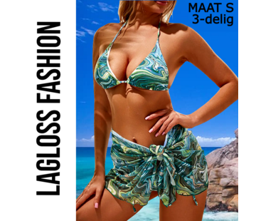 LaGloss 3-Delige Bikini Set Groen Ocean Print met Rok Maat S
