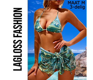 LaGloss 3-Delige Bikini Set Groen Ocean Print met Rok Maat M