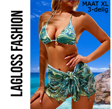 LaGloss 3-Delige Bikini Set Groen Ocean Print met Rok Maat XL