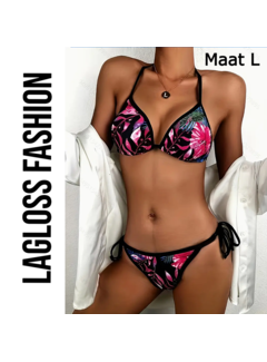 LaGloss 2-Delige Bikini Set Tropische Bloemenprint Zwart Maat L