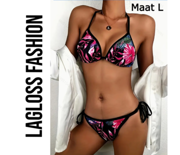 LaGloss 2-Delige Bikini Set Tropische Bloemenprint Zwart Maat L