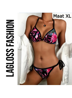 LaGloss 2-Delige Bikini Set Tropische Bloemenprint Zwart Maat XL