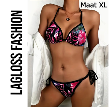 LaGloss 2-Delige Bikini Set Tropische Bloemenprint Zwart Maat XL