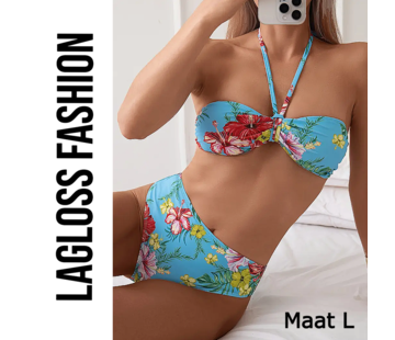 LaGloss 2-Delige Bikini Set Blauw Tropische Bloemen – Maat L