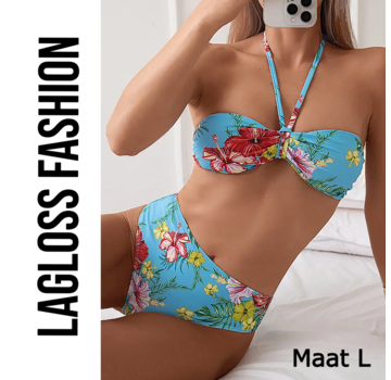 LaGloss 2-Delige Bikini Set Blauw Tropische Bloemen – Maat L