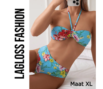 LaGloss 2-Delige Bikini Set Blauw Tropische Bloemen – Maat XL