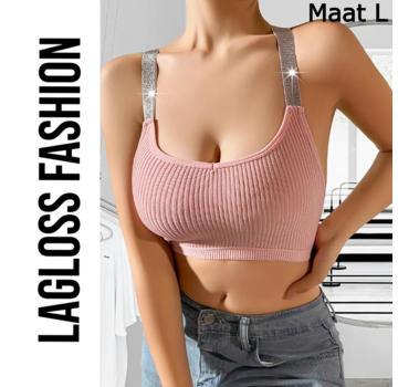 LaGloss Roze Top met Glitter Schouder Bandjes - Maat L