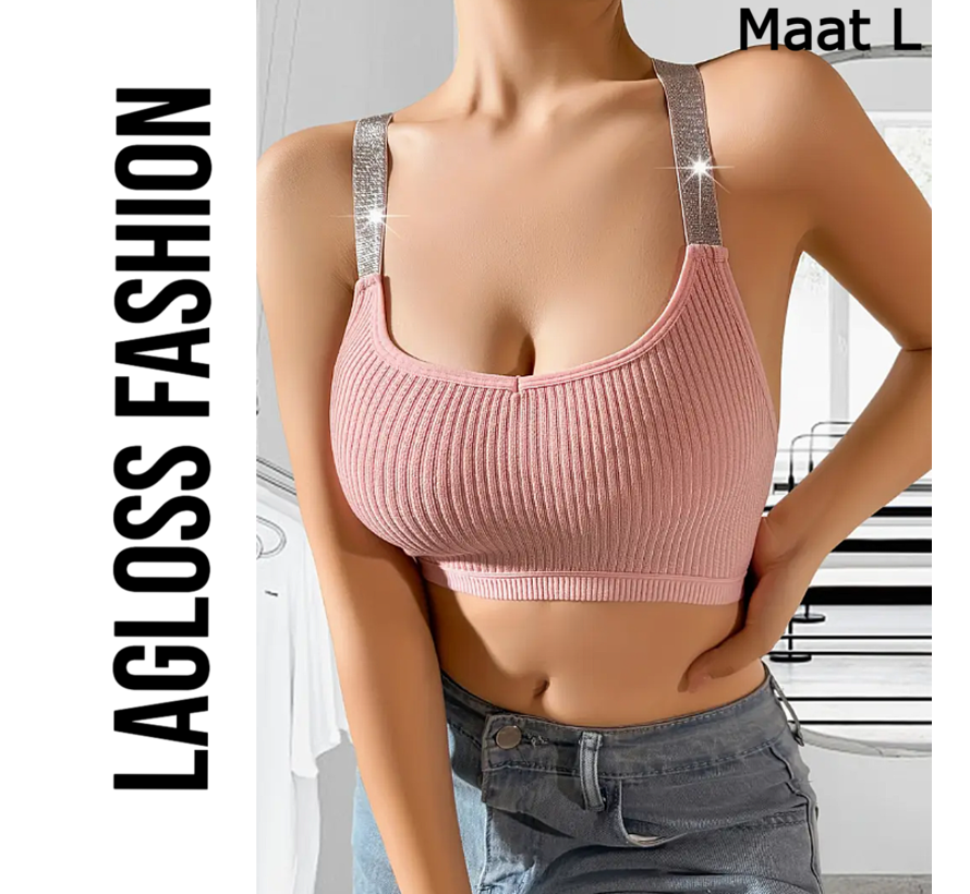 LaGloss® Roze Top met Glitter Schouder Bandjes – Geribbeld, Elastisch & Ademend Tank Top – Maat L