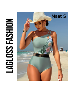 LaGloss Badpak Asymmetrisch Mint Blauw Bloemen – Maat S