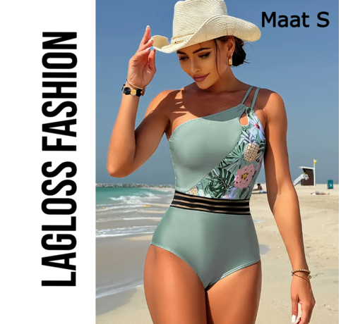 LaGloss LaGloss® Badpak Asymmetrisch Mint Blauw Bloemen – Maat S - Trendy One-Piece Zwemkleding met Hollow-Out Details
