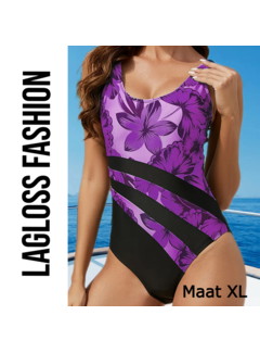 LaGloss Badpak Vintage Paars Zwarte Strepen – Maat XL