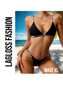 LaGloss 2-Delige Bikini Set Zwart met Luipaard Print Bandjes – Maat XL