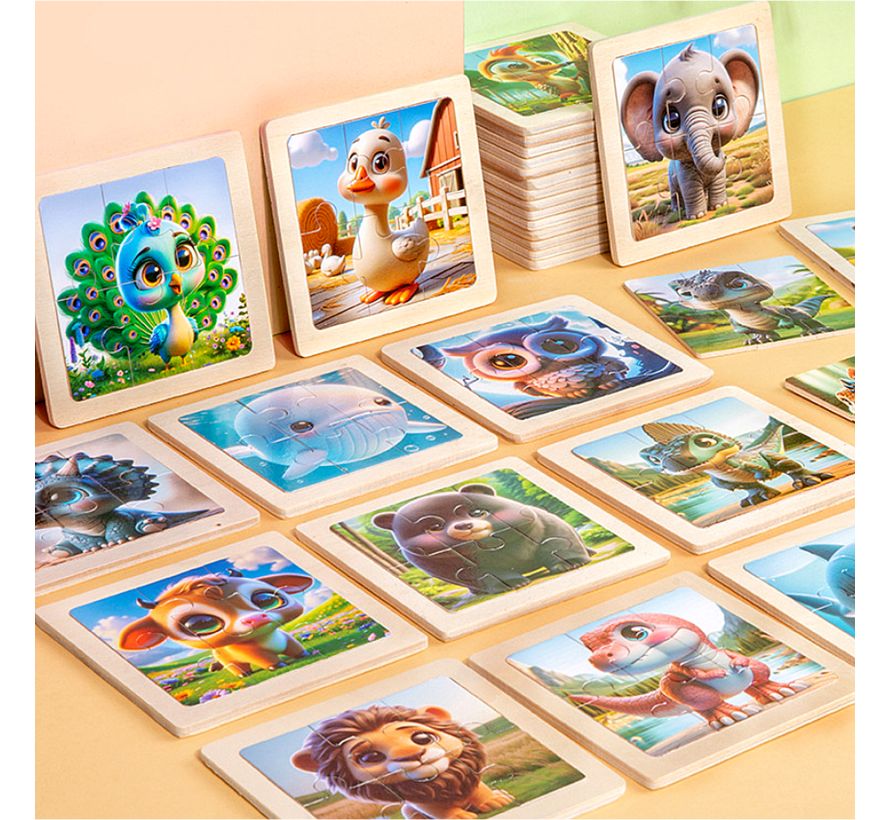 8 X Houten Kinder Puzzels In De Dierentuin - Leerzaam Speelgoed met 6 Houten Stukjes - 8 Puzzels