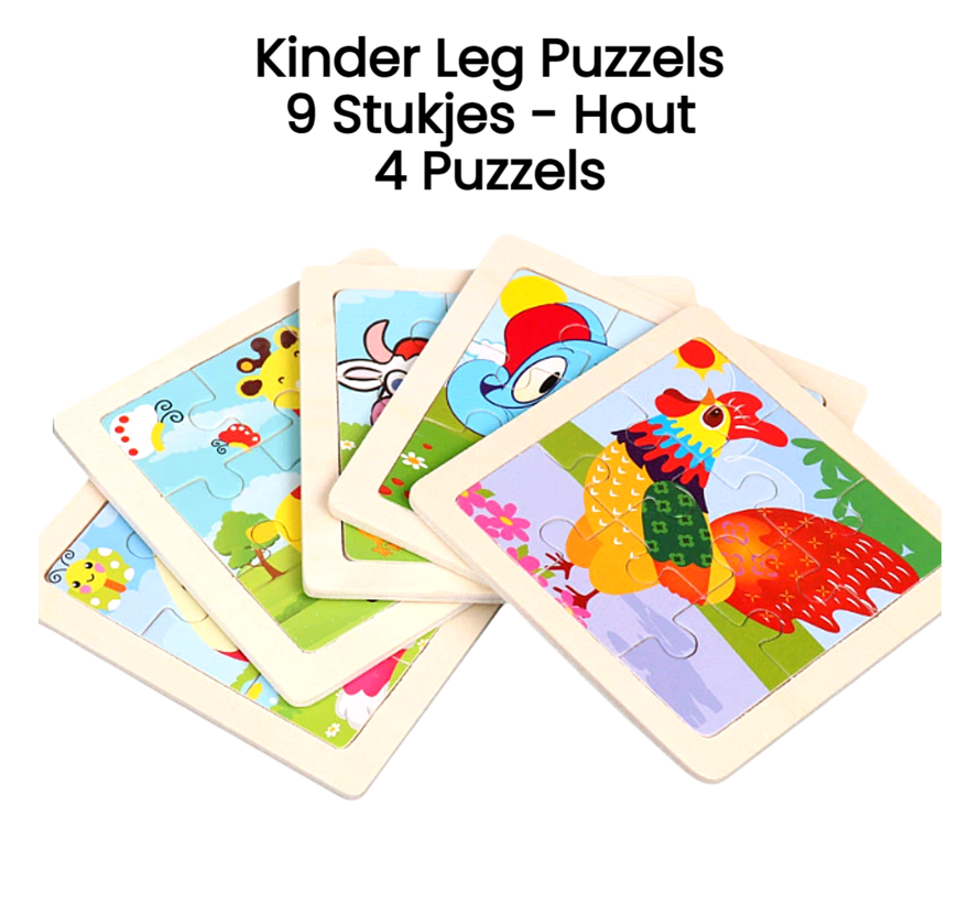 4 X Houten Kinder Puzzels Dieren - Leerzaam Speelgoed met 9 Houten Stukjes - 4 Puzzels