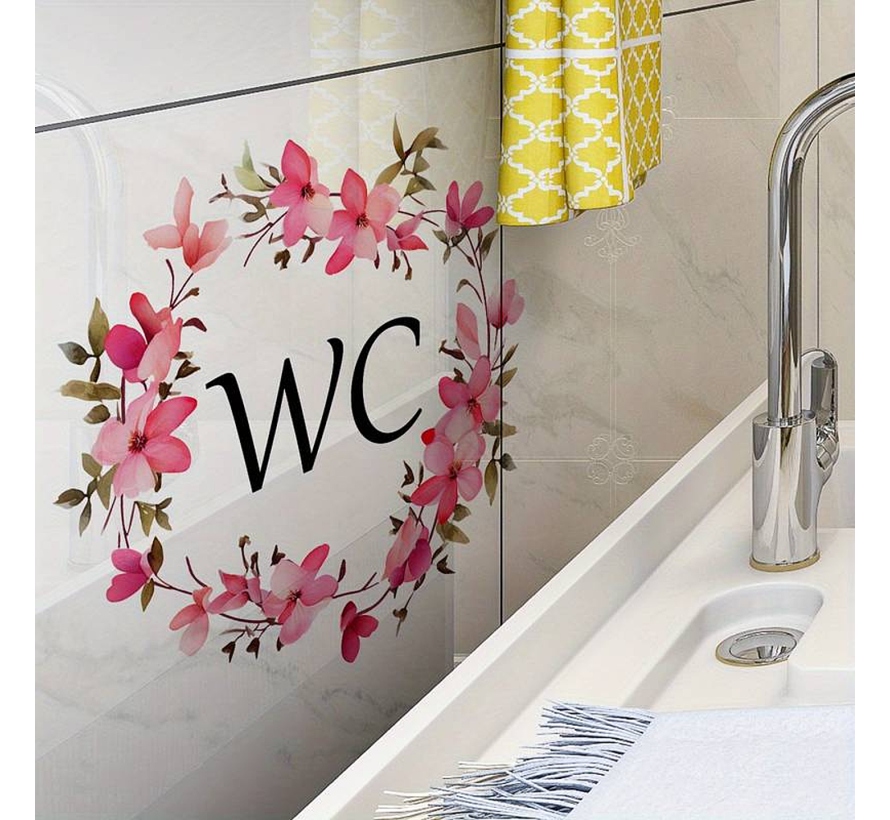 Allernieuwste.nl® Sticker WC Toilet Deursticker Bloemen Tekst WC Bordje Krans Decor - Verwijderbaar Zelfklevend PVC - Kleur 20 x 20 cm %%
