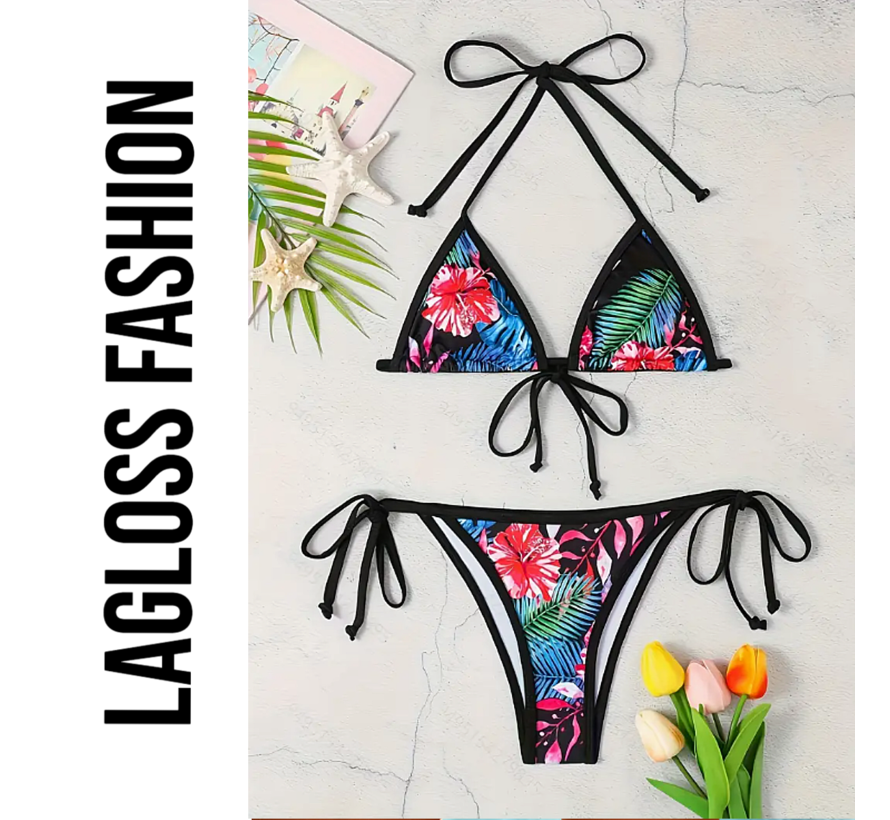 LaGloss® 2-Delige Bikini Set Tropische Bloemenprint Zwart – Maat M - Trendy Dames Zwemkleding